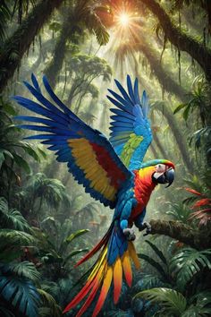 a colorful parrot is flying through the jungle