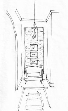 a drawing of a room with an open door