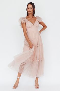 Amal Ruffle Shoulder Tulle Midi Dress Nude Midi Dress Tulle, Bridesmaid Aesthetic, Nude Midi Dress, Tulle Midi Dress, Selfie Leslie, Blush Dress, Prom 2024, Satin Clutch, Yellow Bridesmaids