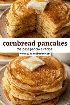 pancakes with butter on top and the words cornbread pancakes in white letters above them