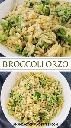 broccoli orzo with rice in a white bowl