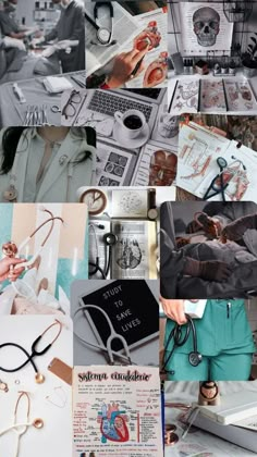 a collage of various pictures with scissors, books and other items on them in black and white