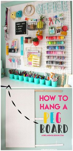 the peg board is organized with pens and markers