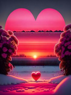 two heart shaped trees with the sun setting in the background and pink flowers growing out of them