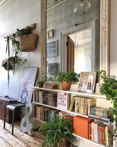 a mirror sitting above a bookshelf filled with plants