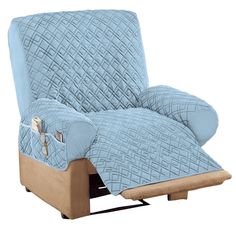 a recliner chair with a blue cover on it's back and foot rest