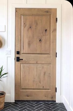 a wooden door sitting next to a potted plant