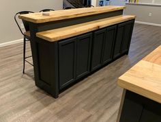 a kitchen with an island and two stools