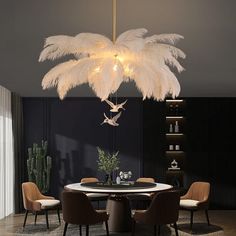 a dining room table with chairs and a chandelier hanging from it's ceiling