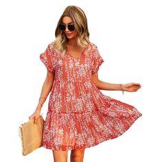 Red Floral Print A-line Chiffon Dress Women Summer Dress, Summer Elegant, Printed Summer Dresses, Ladies Dress, Evening Gowns Formal, Party Dress Long, Printed Dress, Tiered Dress, Type A