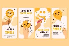 four cards with different types of smiles and words on them, one says give us a sweet smile the other says share a smile