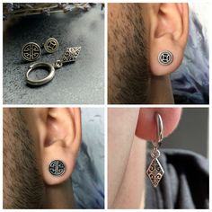 four pictures of different types of ear piercings on a man's face and neck