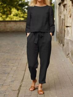 Casual Black Solid Top & Trousers Two-piece Suits Leisure Suit, Linen Suit, Mode Design, Loose Pants, Tracksuit Women, Moda Vintage, Urban Chic, Trouser Suits, Mode Vintage