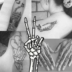 four different tattoos on the back of people's bodies and hands, with one being drawn