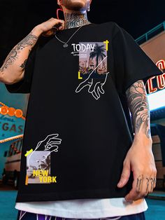 Preto Casual Collar Manga Curta Tecido Figura,Slogan  Embellished Elasticidade Baixa  Tops Masculino Graphic Tshirt Outfit, Streetwear Tshirt Design, Slogan Graphic Tee, Model Jeans, Trendy Shirt Designs, Indian Men Fashion, Tee Shirt Fashion, Tshirt Design Men, Graphic Tshirt Design