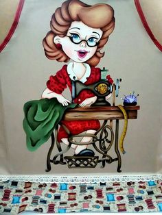 a painting of a woman sitting at a sewing machine with an apron over her shoulder