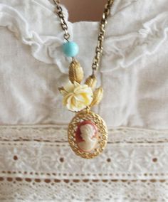 Vintage Cameo Necklace Flower Cameo Necklace Gold by madebymoe Victorian Cameo, Gold Leaf Necklace, Water Mill, Necklace Flower, Vintage Cameo, Vintage Style Jewellery, Cameo Necklace, Cameo Pendant, Vintage Lucite