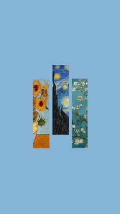 three paintings on a blue background each with sunflowers in the vase and one has a