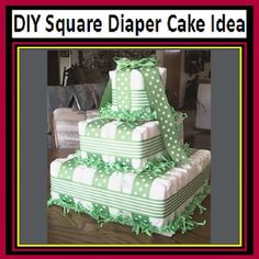 DIY Square Diaper Cake Idea Diaper Designs Ideas, Diaper Decorating Ideas, Baby Shower Diaper Ideas, Baby Shower Diaper Cake Ideas, Square Diaper Cake, Easy Diaper Cake, Gift Ideas On A Budget