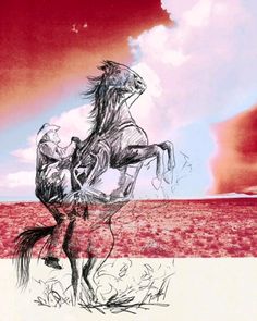 a drawing of a horse standing on its hind legs in front of a red sky