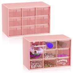 two pink drawers filled with beads and other items