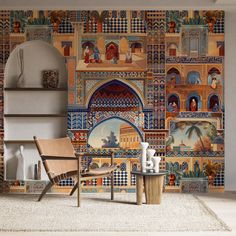 a living room with colorful tiles on the wall and chairs in front of it,