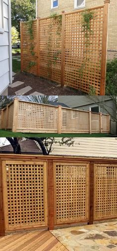 the before and after pictures of a wooden privacy fence in front of a house with wood slats