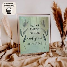 there is a sign that says plant these seeds and grow memories next to some feathers