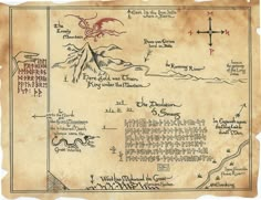 an old map with some writing on it and a dragon flying over the mountain top