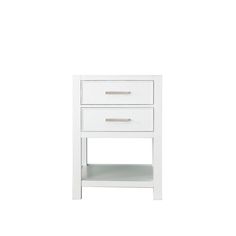 a white nightstand with two drawers on each side and an open drawer underneath it, against a white background