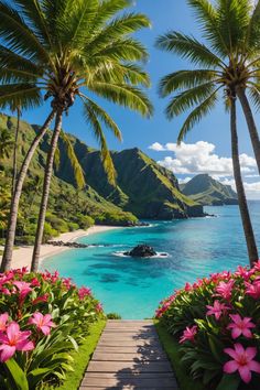 a pathway leading to the beach with pink flowers and palm trees