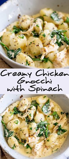 creamy chicken gnocchini with spinach in a white bowl