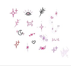 an assortment of different tattoos on a white background with pink and red ink, including stars