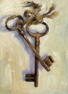 a painting of an old key with a bird on it