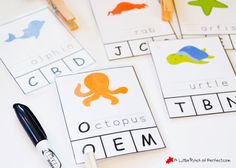 ocean themed printable clip cards for kids to practice letter recognition and writing with their own name