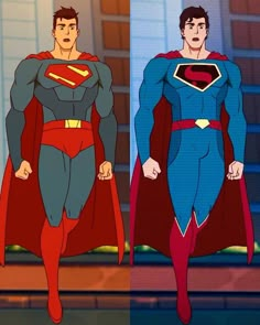 two men in superman costumes, one with red cape and the other has blue pants