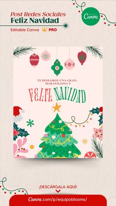 a christmas card with an image of a tree and presents on the front, in spanish