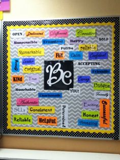 a bulletin board with the word be written in many different colors and styles on it