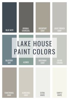 the color scheme for lake house paint colors is shown in shades of gray, blue and white