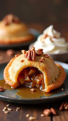 Caramel Pecan Apple Empanadas With Maple Whipped Cream Caramel Pecan Upside Down Apple Pie, Caramel Apple Fried Pies, Caramel Pecan Tart, Carmel Apple Empanada, Taco Bell Caramel Apple Empanada Recipe, Caramel Pecans, Maple Whipped Cream, Pecan Filling