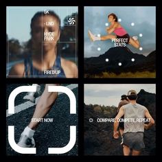 four different images with the same person running and jumping in front of them, including an image of a man's legs