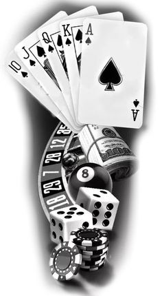 playing cards, dice and casino chips on a white background