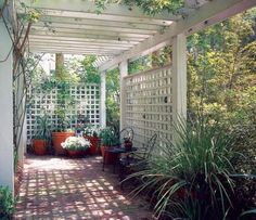 a white pergoline covered patio with potted plants