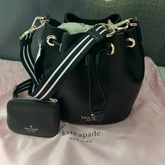 Nwtblack Kate Spade Mini Bucket Bag With Pink Dust Bag Detachable Strap With Coin Pouch (Coin Pouch Also Detachable) Silver Hardware Size: L- 7.75” X W: 10” Inside Is Spacious Pull Draw String With Magnetic Snap Dust Bag Size: W: 17.5” X L: 17.5” Kate Spade Purse Pink, Kate Spade Disney, Mini Bucket Bag, Gray Handbags, Mini Bucket Bags, Mini Bucket, Red Handbag, Kate Spade Purse, Nylon Tote