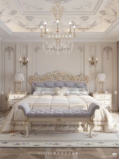 a large bed sitting under a chandelier in a bedroom