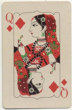 a playing card with an image of a woman in red and black on the back