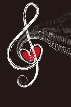 music notes with a red heart and musical staffs on black background illustration for valentine's day