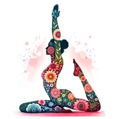 a woman is doing yoga with colorful flowers on her body and hands in the air