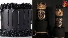 two cakes decorated with black icing and gold decorations, one in the shape of a lion