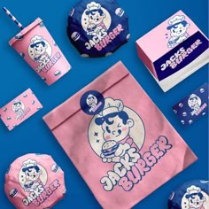 some pink and blue items on a blue surface with the words bubble gums written in it